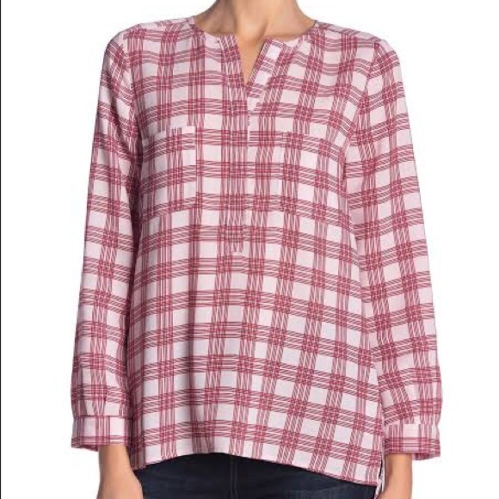 Joie Women’s Small Pink Red Striped Checkered V Neck Blouse